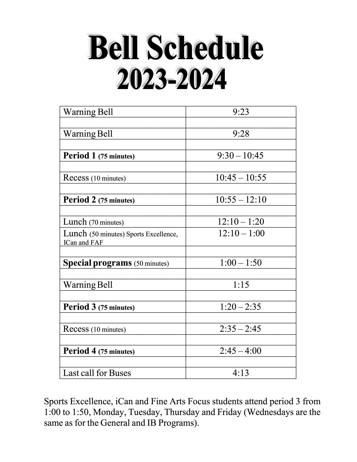 Bell Schedule - Heritage Regional High School